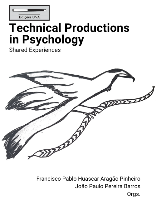 The cover of the book displays the title: Technical Productions in Psychology: Shared Experiences, accompanied by the names of the editors: Francisco Pablo Huascar Aragão Pinheiro and João Paulo Pereira Barros. At the top, there is the logo for Edições UVA. The central illustration features a bird in flight, drawn in black and white, holding a stylized snake adorned with geometric patterns.