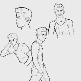 A imagem apresenta quatro esboços de um personagem masculino de história em quadrinhos chamado Caubi. Os desenhos, em estilo de rascunho, mostram Caubi em diferentes poses e expressões. No esboço do topo, Caubi é visto de perfil com um olhar sério. No desenho adjacente, ele está sorrindo e de frente para o observador. O esboço na parte inferior esquerda mostra Caubi com a mão na cabeça, exibindo uma postura pensativa ou frustrada. O último desenho na parte inferior direita o retrata caminhando, com uma expressão confiante e relaxada. Caubi tem cabelo curto e está vestindo uma camiseta sem mangas, destacando um físico atlético. Essas ilustrações são provavelmente estudos de personagem, explorando sua aparência e linguagem corporal para uso em uma história em quadrinhos.