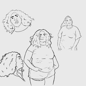 A imagem mostra quatro esboços lineares de uma personagem chamada Liz. Ela é ilustrada com cabelos encaracolados volumosos e expressões variadas. No canto superior esquerdo, Liz parece estar cantando ou gritando. No canto superior direito, ela tem um sorriso amigável e está olhando para o lado. Na parte inferior esquerda, há um perfil de Liz olhando para baixo, exibindo seu cabelo volumoso e detalhes faciais. E no centro, um esboço maior a mostra de frente com as mãos na cintura e uma expressão de confiança ou contemplação. Os desenhos são simplificados, sem muitos detalhes internos ou sombreamento, sugerindo que estão em uma fase inicial de concepção ou parte de um estudo de personagem para a história em quadrinhos.