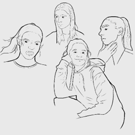 A imagem exibe quatro esboços de uma personagem de história em quadrinhos chamada Julia. Cada esboço retrata Julia com diferentes expressões e poses. Ela tem cabelos lisos e longos, e seus traços são suaves e femininos. No esboço superior esquerdo, Julia aparece sorrindo e olhando para frente. No esboço superior direito, vemos Julia de perfil, com um olhar sereno. Na parte inferior esquerda, ela está com a cabeça apoiada na mão, refletindo uma pose pensativa ou relaxada. E no desenho inferior direito, vemos Julia de lado, olhando por cima do ombro com uma expressão contemplativa. Os esboços são lineares e minimalistas, sem sombreamento ou cor, sugerindo que podem ser parte do desenvolvimento do personagem ou estudos de expressão.