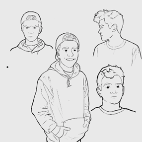 A imagem apresenta quatro esboços de um personagem de história em quadrinhos chamado Luke. Cada esboço mostra Luke com expressões faciais diferentes e de vários ângulos. No esboço do canto superior esquerdo, Luke está usando um boné virado para a frente e uma jaqueta com zíper, olhando diretamente para o espectador com uma expressão neutra. No canto superior direito, ele é visto de perfil, com um leve sorriso. O esboço maior na parte central inferior mostra Luke sorrindo amplamente, vestindo um moletom com capuz e as mãos no bolso da frente. O desenho menor na parte inferior mostra a cabeça de Luke de frente, com um sorriso contido e o cabelo arrumado para cima. Os esboços são feitos com linhas pretas, detalhadas mas sem sombreamento, transmitindo a personalidade amigável e descontraída de Luke. Os desenhos parecem estar em uma fase preliminar, talvez como parte do desenvolvimento de personagem para a história em quadrinhos.