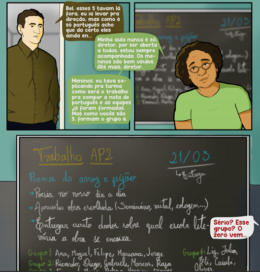 A imagem mostra uma página de história em quadrinhos dividida em quatro painéis, cada um com uma cena e balões de texto que representam a fala dos personagens. No primeiro painel superior esquerdo, um homem de cabelos escuros e blazer fala sobre um trabalho de português e parece estar dando instruções. O balão de fala diz: "Bel, esses 5 tavam lá fora, e eu ia levar pra direção, mas como é só português acho que dá certo eles aínda en..." No painel superior direito, uma mulher de cabelos cacheados e óculos, vestindo uma camisa verde, responde com um sorriso gentil e diz: "Minha aula nunca é só, diretor, por ser aberta a todos, estou sempre acompanhada. Os meninos são bem-vindos. Até mais, diretor." No terceiro painel, localizado abaixo do primeiro e do segundo, a mesma mulher está explicando a tarefa para a turma, com um texto que diz: "Meninos, eu tava explicando pra turma como será o trabalho pra compor a nota de português e as equipes já foram formadas. Mas como vocês são 5, formam o grupo 6." No último painel, há um quadro de avisos com detalhes do "Trabalho AP2", que inclui tópicos como "Poesia do amor e juízo", "Poesia 'no verso' do dia a dia", "Apontar obra escolhida (Sonetos, recital, declam...)". Abaixo, há uma lista de grupos com os nomes dos alunos, e um personagem reage surpreso ao seu próprio grupo, com um balão de fala que diz: "Sério? Esse grupo? O zero vem..." A página usa diálogos e expressões dos personagens para construir uma narrativa sobre interações escolares em torno de uma atividade de português, com um foco em dinâmicas de grupo e a integração inesperada de novos alunos a um grupo já formado.