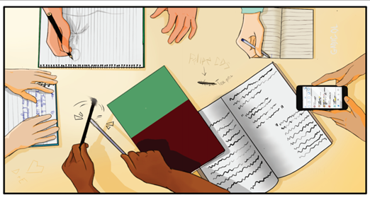 A imagem mostra uma cena vista de cima de uma mesa onde várias pessoas estão estudando ou trabalhando. Há mãos de diferentes tonalidades de pele realizando diversas atividades. No canto superior esquerdo, uma mão escreve em um caderno com linhas. Ao lado, outra mão descansa sobre um caderno aberto. No centro, uma mão segura um livro fechado com capa verde e vermelha, enquanto outra mão próxima escreve com um lápis preto. No canto inferior direito, uma mão segura um celular e outra escreve em um caderno aberto com linhas, sugerindo anotações ou leitura. A mesa contém pequenos papéis, rabiscos e um lápis solto. A cena transmite uma atmosfera de estudo colaborativo e diversidade.