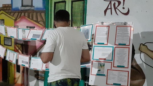 A imagem mostra uma pessoa de costas, observando uma exposição de folhas de papel afixadas em suportes presos por cordas, que aparentemente contêm textos e informações. A pessoa, vestindo uma camiseta branca e calça estampada, está lendo atentamente um dos papéis. Ao fundo, há uma parede com grafite colorido, onde se pode ler parcialmente a palavra "AR". A cena sugere que a pessoa está em uma exposição ao ar livre ou em um espaço informal, envolvida na leitura de materiais de pesquisa ou educativos que estão expostos em um varal de apresentações.