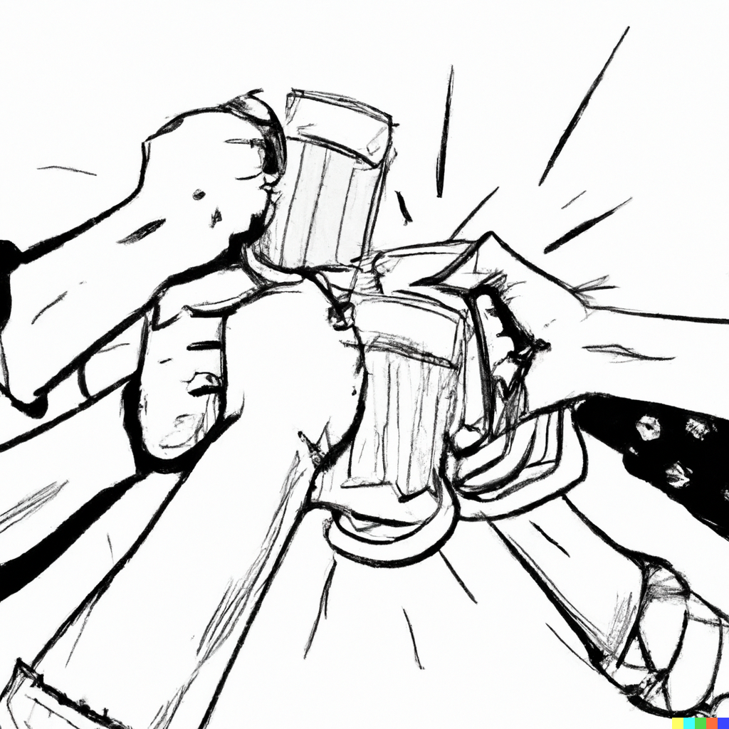 The image is a black and white sketch of four hands in a dynamic action, each holding a beer mug. The mugs seem to be clinking together in a toast, as indicated by the motion lines emanating from the point of impact. The perspective focuses primarily on the hands and mugs, with motion lines suggesting vigor and celebration. There are no fine details or colors, giving the image a rough or concept art feel.