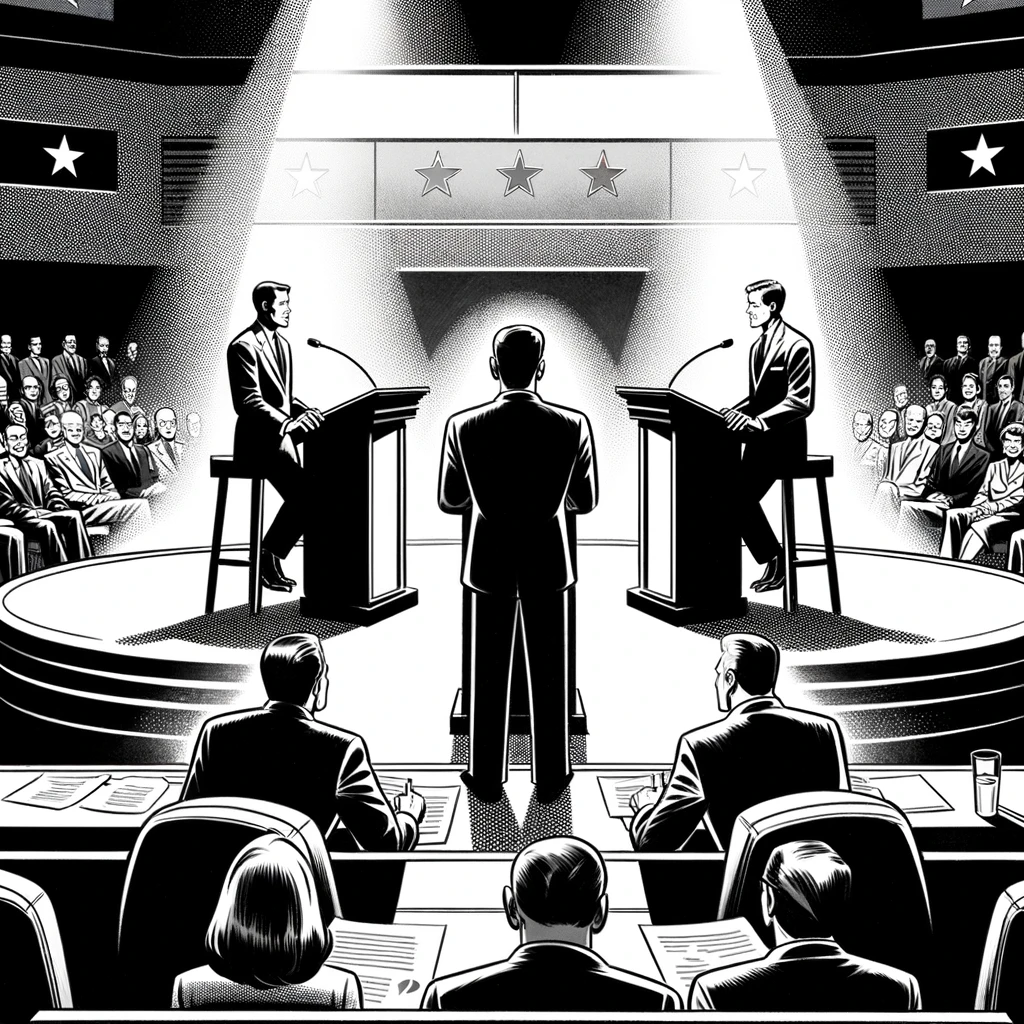 The image is a black and white illustration of a political debate. In the center, a moderator stands with his back to the viewer, facing three candidates at podiums. The candidates are facing the audience, each at an elevated podium, and appear to be responding or awaiting questions. The candidate on the left has one hand on the podium and the other by his side, the middle candidate has both hands on the podium, and the right candidate has one hand on the podium and the other on his hip. They are formally dressed in dark suits. In the foreground, a panel with four people seated, likely judges or journalists, is taking notes. Above them, an attentive audience watches the debate. The setting is a circular auditorium with a high ceiling and lighting focused on the stage, where five large stars adorn the background, possibly symbolizing the national flag or a campaign emblem. The illustration style is dramatic, with strong contrasts and shading, emphasizing the seriousness and formality of the event. The perspective chosen puts the viewer in the moderator's position, as if participating or watching the debate from a privileged viewpoint.