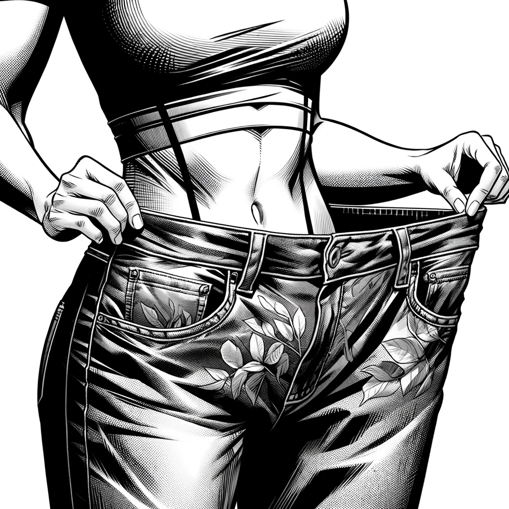 The image is a black and white illustration showing the torso of a woman wearing a black top and jeans with a belt. The person is holding the waistband of the jeans, which appear too large, indicating she may have lost weight. The jeans have a stylized leaf pattern on the back pocket. The focus is on the realistic details of the body and clothing, with shading highlighting the texture of the fabric and body shape. The meticulous attention to detail, such as the fabric pattern of the jeans, the contours of the abdominal muscles, and the soft shadow defining the navel, creates a hyper-realistic representation. The image may suggest themes of fitness, health, weight loss, or personal transformation.