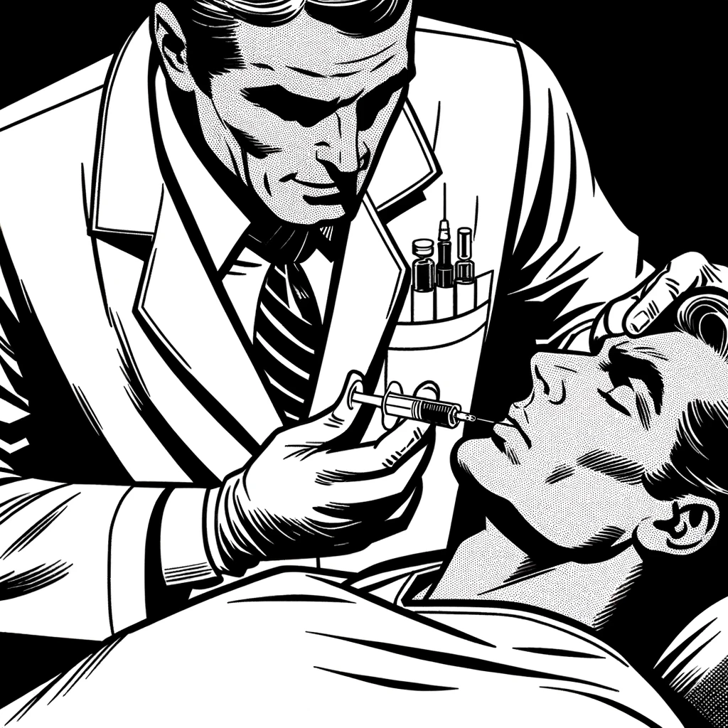 The image is a black and white illustration depicting a scene of an aesthetic procedure. A man dressed in a white lab coat, suggesting he is a health professional or aesthetician, is applying an injection to the face of another man lying down and appearing relaxed with eyes closed. The professional, with a focused expression, holds a syringe precisely near the forehead or eye area of the lying man, indicating a botox application or other facial aesthetic treatment. In the front pocket of the lab coat, at chest level, there are several other syringes, reinforcing the idea that the procedure occurs in a medical or aesthetic setting. The illustration style is detailed and dramatic, with shadows and strong lines creating an accentuated contrast, characteristic of noir or classic comic styles.