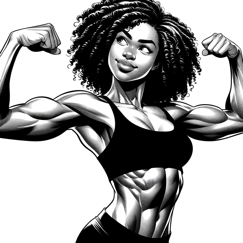 The image is a black and white illustration of a woman with a confident and powerful expression, displaying her muscles. She has voluminous curly hair and a look of pride and strength. Her arms are flexed in a classic bodybuilder pose, highlighting the well-defined muscles. The illustration is detailed and stylized, with shading and lines emphasizing the muscle contours and physical form. This representation may suggest themes of power, confidence, and self-esteem.