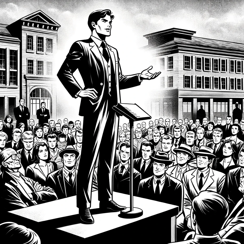 The image is a black and white illustration depicting a man standing in an elevated position, speaking to a crowd. He is formally dressed in a dark suit and tie, with one hand in his pocket and the other extended, suggesting he is giving a speech or explaining a point. In front of him is a podium with papers, indicating he may be giving a formal address. The crowd comprises men and women, many wearing stylized hats of the time, looking at the man with expressions of interest and attention. In the background, two classic building structures suggest the event is taking place in an academic or institutional setting. The illustration style is reminiscent of old engravings, with strong lines and shading creating a sense of movement and depth. The scene conveys themes of leadership, oratory, and public engagement.