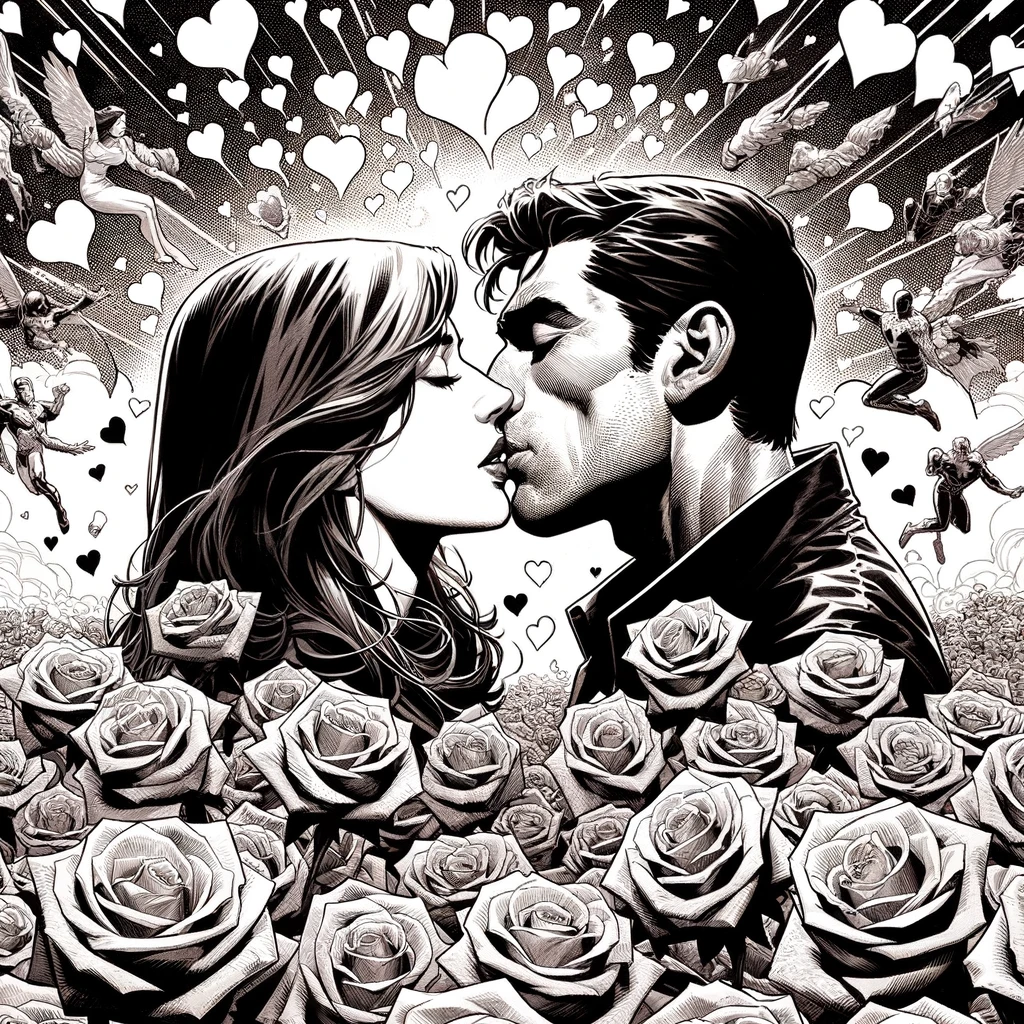 The image is a black and white illustration of a couple kissing. They are in the center of the image, with the man leaning towards the woman in a romantic gesture. Both have a stylized appearance, reminiscent of comic book characters. The man wears a jacket, and the woman has long, wavy hair. Around the couple, there is a background filled with romantic symbols - floating hearts of various sizes and flying angels. In the foreground, there is a sea of detailed roses, adding a touch of romance and beauty to the captured moment. The illustration is rich in details and textures, from the delicate lines of the faces to the intricate petals of the roses, all under a sky full of hearts and angelic figures, creating an intensely romantic atmosphere.
