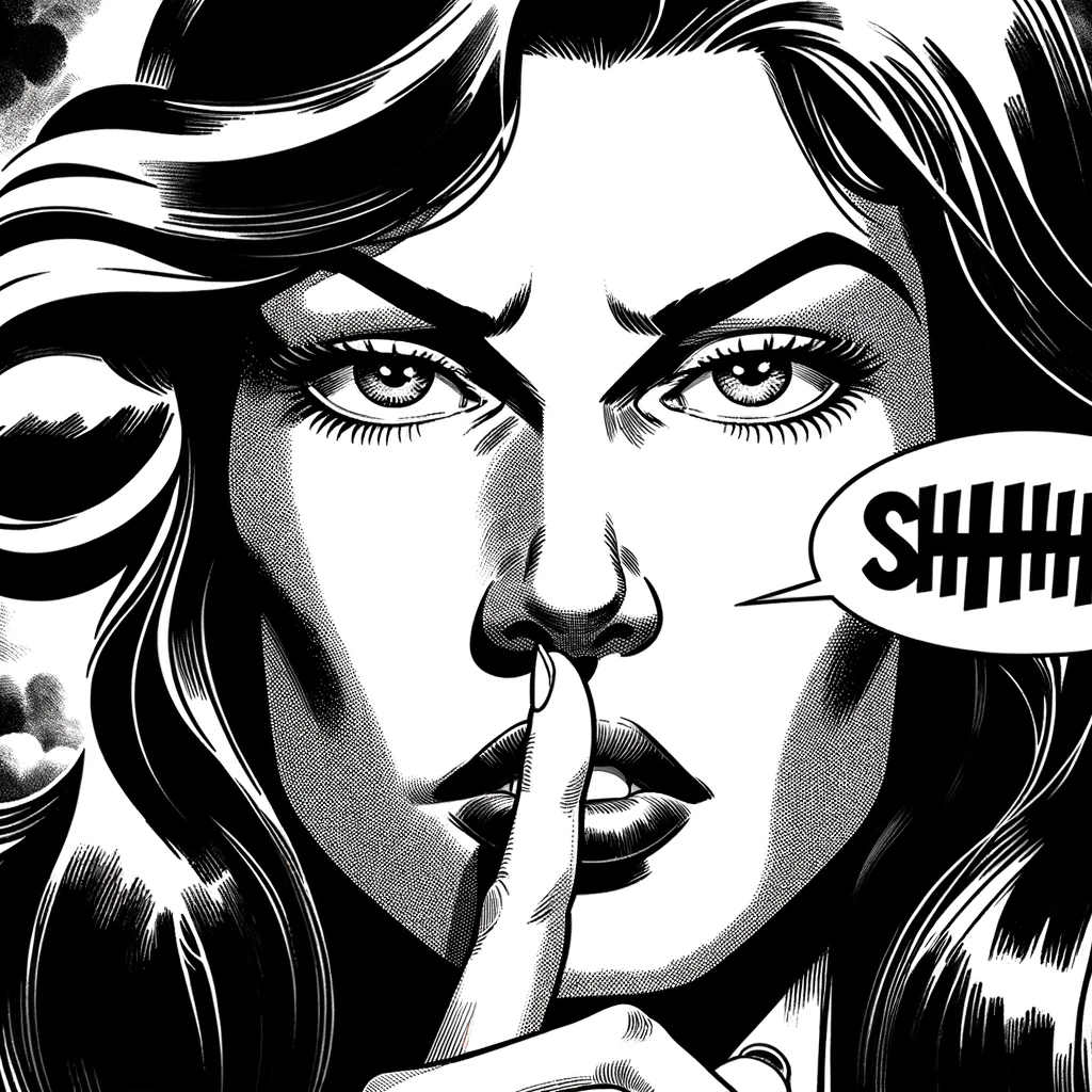 The image is a black and white illustration showing the face of a woman with a finger over her lips in a gesture of silence. She has a serious expression and intense gaze. Her hair is wavy and gracefully falls around her face. The detail is realistic and stylized, with light and shadow contrast accentuating features like hair waves, well-defined eyes, and soft shadows on the lips and nose. From the woman's mouth comes a speech bubble with the word "SHHHH", suggesting she is asking for silence. The illustration style is reminiscent of comic or pop art aesthetics, with sharp lines and hatching shading to create depth and texture. The image conveys a sense of mystery or secrecy, potentially in a suspense or intrigue context.