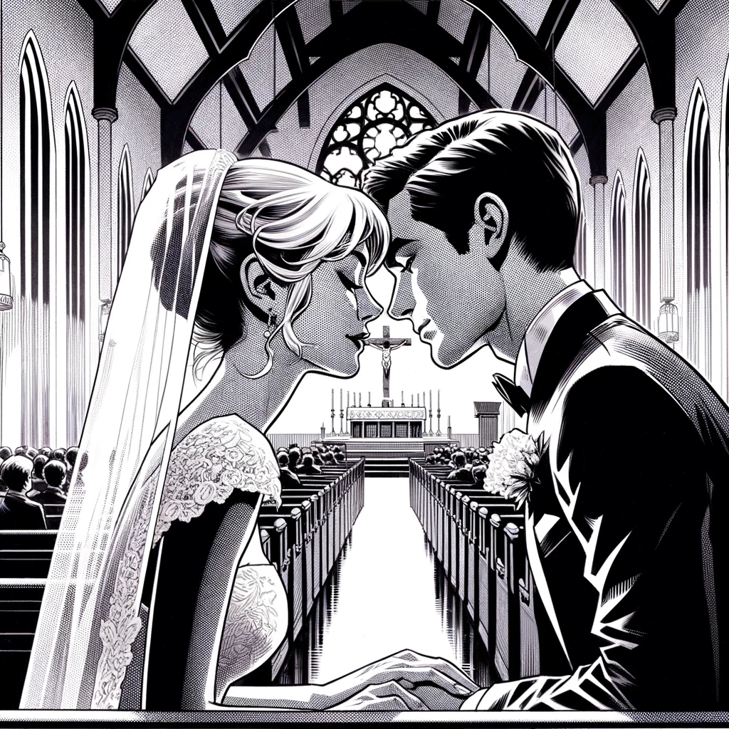 The image is a black and white illustration of a couple at the altar of a church during their wedding. The bride, on the left, wears a traditional dress with lace and a long veil; her hair is arranged in an elegant hairstyle. The groom, on the right, is dressed in a classic tuxedo with a flower on the lapel. They are holding hands and leaning towards each other, almost touching foreheads, in an intimate and loving gesture. Behind the couple, guests are seated in church pews, observing the ceremony. The church architecture includes tall gothic arches and a large circular stained glass window above the altar, where a cross is the focal point. The use of light and shadow in the illustration creates a dramatic contrast that highlights the couple and the surrounding architecture, giving an air of solemnity and beauty to the captured moment.